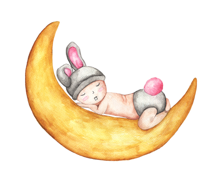 Cute little baby sleeping on the moon. Sleeping Cute Bunny Isolated on white background. Hand Drawn and Painted. watercolor illustrationの写真素材