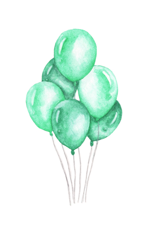 Watercolor air balloons. Hand drawn pack of party green balloons isolated on white background. Greeting object artの写真素材