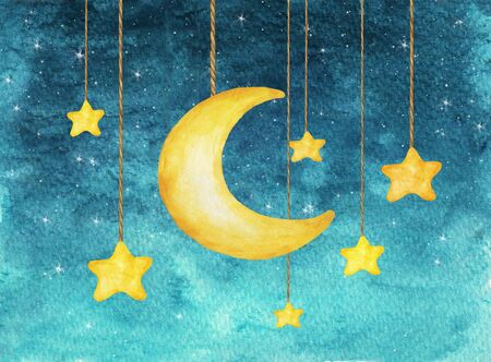 Yellow moon and stars hanging from strings painted in watercolor, night sky background. Watercolor hand drawn illustration.の写真素材