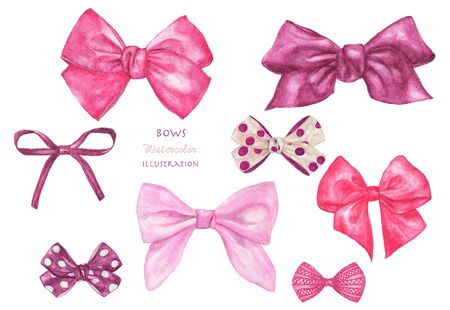 Set of different decorative pink gift bows. Hand painted isolated on a white background. Watercolor illustration.の写真素材
