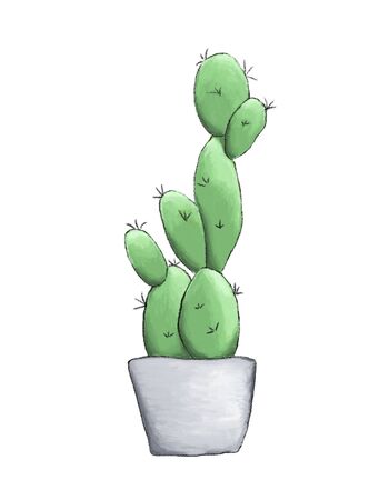 Cute cactus in pot isolated on white background. Hand drawn cartoon Illustration.の写真素材