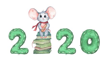 Happy New Year 2020 with little mouse sitting on a stack of books. Isolated on white background. Year of the Rat. Chinese zodiac symbol of 2020. Watercolor illustration.の写真素材