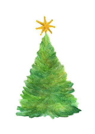 Christmas tree with star. Watercolor painting. Isolated on white background.の写真素材
