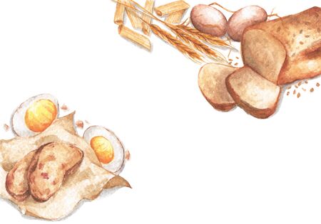 Watercolor food frame with copy space. Frame with hand draw objects:fresh bread, dry pasta, eggs and...