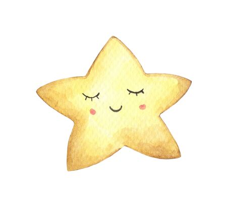Smile face in the shape of star. Isolated on white background. Hand drawn watercolor illustration.の写真素材