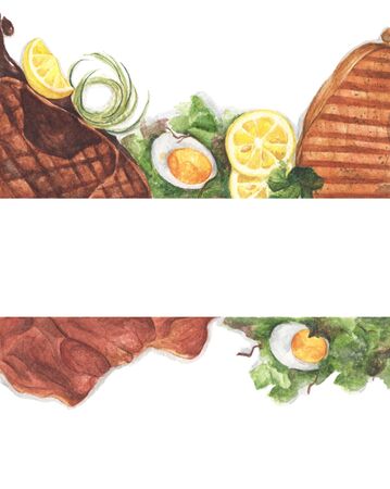 Grilled beef steaks and salad with boiled eggs on white background, Top view with copy space for your text. Flat lay. Watercolor illustration.の写真素材