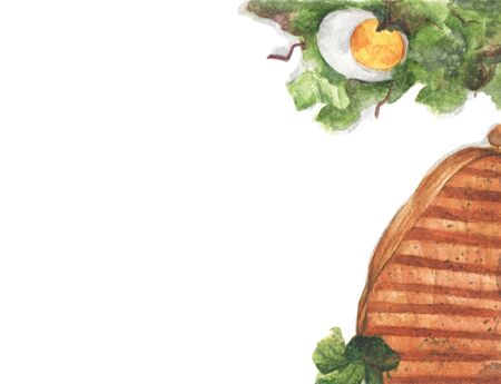 Grilled beef steaks and salad with boiled eggs on white background, Top view with copy space for your text. Flat lay. Watercolor illustration.の写真素材