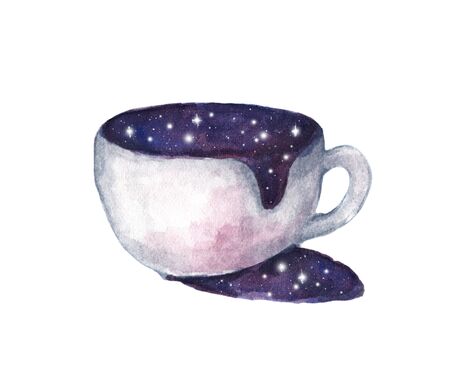 Watercolor hand drawn illustration of a white cup with space cosmic. Isolated on white background.の写真素材