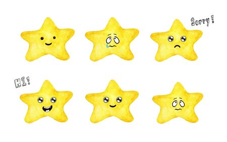 Set of Cute yellow star with different emotions in cartoon style. Watercolor illustration painting...