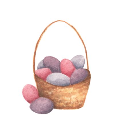 Basket with Easter eggs. Isolated on white background. Watercolor illustration.の写真素材