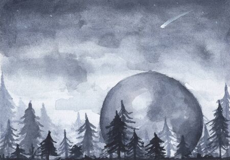 Peaceful spruce forest under night sky full of stars. Fog forest landscape, Full moon. Watercolor illustration.の写真素材