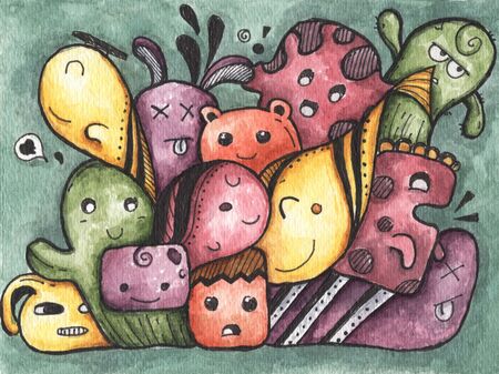 Creative art doodles hand drawn design illustration. Funny monsters pattern. Watercolor illustration. の写真素材