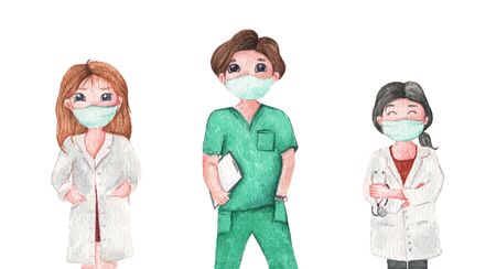 Different doctors set. Medical team and staff, Doctor wearing medical mask. Isolated on white background. Watercolor illustration cartoon character.の写真素材