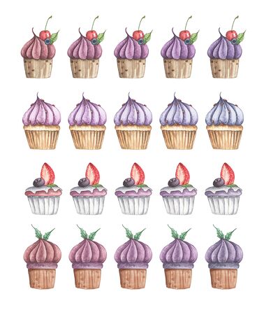 Set of different blueberry cupcakes isolated on white background. Watercolor illustration.の写真素材
