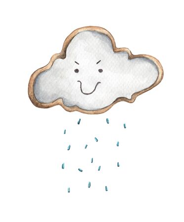Cute rain cloud with rain drops. Isolated on white background. Hand drawn watercolor delicious cookies. Food illustration. Card design for baby.の写真素材