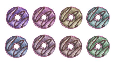 Set of colorful donuts glazed. Watercolor illustration isolated on white background. Top view.の写真素材