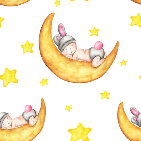 seamless pattern with baby sleeping on the moon. Sleeping Cute Bunny and yellow stars on white background.の写真素材