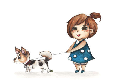 Little girlÂ walking with her dog on white background,  illustration.の写真素材