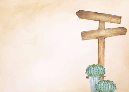 Hand drawn watercolor painting of wooden signpost with cactus on brown background.の写真素材