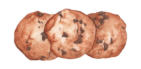 Chocolate chip cookies ,cookie with chocolate drops isolated on white background. Hand drawn watercolor food illustrationの写真素材