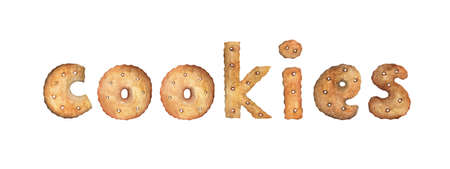 word COOKIES made of real cookies. Hand drawn watercolor painting isolated on white background