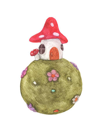 Mushroom house on Green grass ball with flowers ,watercolor illustrations isolated on white background.