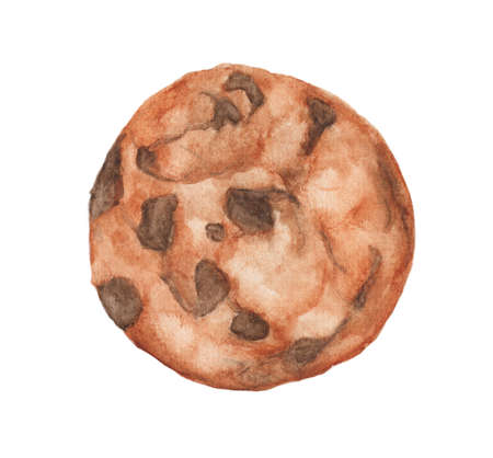 Watercolor painting of Chocolate chip cookie isolated on white background, food menu item...