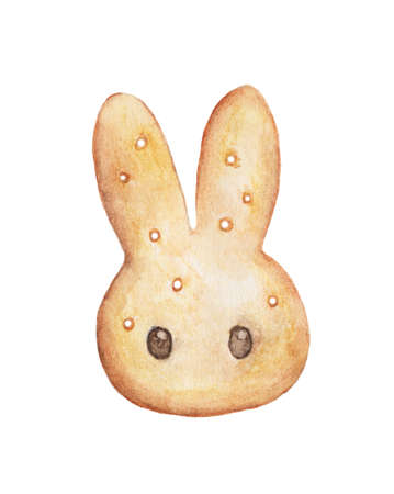 Watercolor painting of Cookies in rabbit shape isolated on white background, food menu item Illustration, food drawing in vintage style.の写真素材