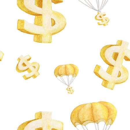 Seamless watercolor illustration of Golden Dollar and dollar Sign Parachuting on white background.の写真素材