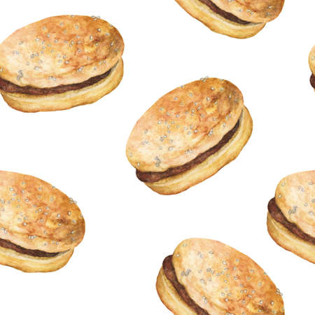 Seamless Pattern with Hamburgers. Fast Food Wallpaper, Hand drawn watercolor.の写真素材