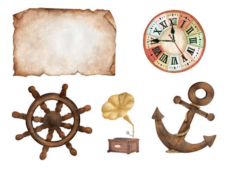 Vintage set. Old paper, clock, boat steering wheel, gramophone and anchor. Isolated on white background. Watercolor illustration.の写真素材