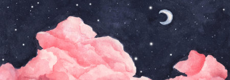 Watercolor painting of night sky with crescent moon and shining stars.の写真素材