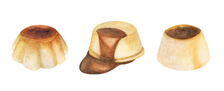 Set of vanilla puddings. Isolated on white background. Watercolor illustrations.の写真素材