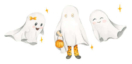 Watercolor set with cute ghosts. Kid  in sheet costume. Halloween costumes. Autumn holiday. Trick or treat.の写真素材