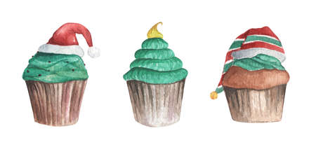 Christmas cupcake. Isolated on white background. Vintage Christmas decoration. Watercolor Christmas card for invitations, greetings, holidays and decor.の写真素材