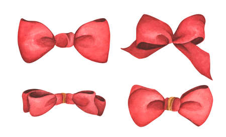 Red ribbons. Isolated on white background. Watercolor for invitations, greetings, holidays and decor.の写真素材