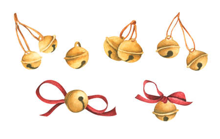 Set of bells isolated on white background. Watercolor Christmas card for invitations, greetings, holidays and decor.の写真素材