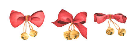 Christmas decorations - red ribbons and bells isolated on white background. Watercolor Christmas card for invitations, greetings, holidays and decor.の写真素材