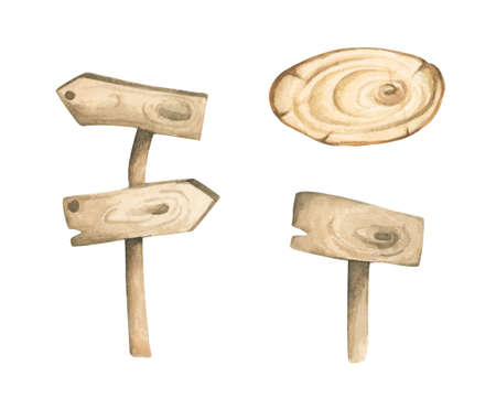 Wooden boards and signs. Isolated on white background. Watercolor illustration.の写真素材