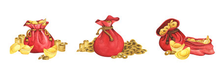 Red fortune bag full of Gold coins and Chinese gold ingot. Isolated on white background. Decoration elements for oriental New Year design. Concept of lucky money. Watercolor illustration.の写真素材