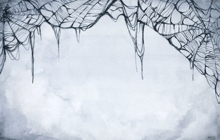 Spider web silhouette against gray wall. Halloween theme dark background. Watercolor background.の写真素材