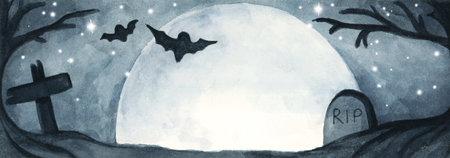 Watercolor painting of graveyard silhouette Halloween abstract Background.の写真素材