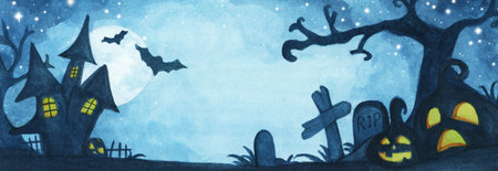Watercolor painting of Spooky Halloween background. House silhouette. Abstract Background.の写真素材