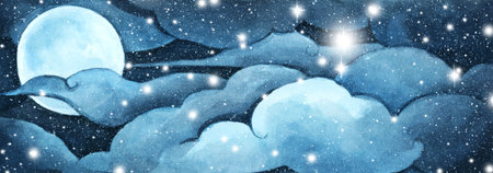 Mystical night sky background with full moon, clouds and stars. Moonlight night. Watercolor illustration.の写真素材