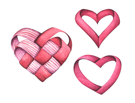Valentineâs Day ribbon woven heart. Love concept. Watercolor illustration.のイラスト素材