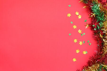 Red background and Christmas decorationsの写真素材