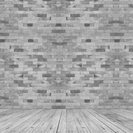 Empty room, white brick wall and wooden floorの写真素材