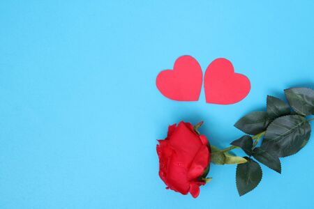 Valentines Day Hearts and roses on a blue backgroundの写真素材