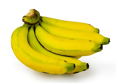 A yellow combed banana isolated on a white backgroundの写真素材