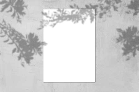 Empty white horizontal rectangular poster mockup with light shadow on gray concrete wall background,...